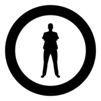 Man standing with hands crossed Dentist surgeon in medical clothes with folded hands on his chest Concept of the end of surgery operation Front view icon black color vector in circle round