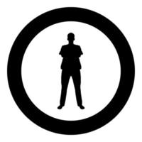 Man standing with hands crossed Dentist surgeon in medical clothes with folded hands on his chest Concept of the end of surgery operation Front view icon black color vector in circle round