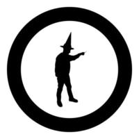 Wizard holds magic wand trick Waving Sorcery concept Magician Sorcerer Fantasy person Warlock man in robe with magical stick Witchcraft in hat mantle Mage conjure Mystery idea Enchantment silhouette vector