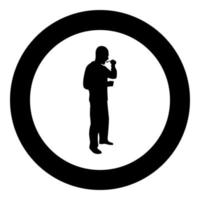 Man trying food from spoon standing Tasting concept Gourmet tries dish Chef trying silhouette in circle round black color vector illustration solid outline style image
