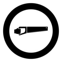 Wood saw in hand tool in use Arm for cutting Timber symbol Sawmill concept icon in circle round black color vector illustration solid outline style image