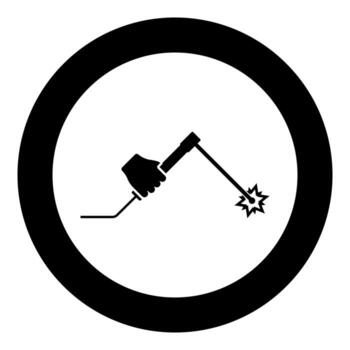 Welding machine in hand holding electric tool use Arm using equipment Spark electrode icon in circle round black color vector illustration solid outline style image