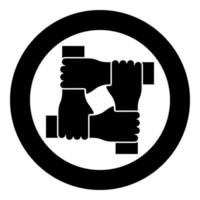Four hands together concept teamwork united teamleading Arm interlocking with each other on wrist jointly collaboration icon in circle round black color vector illustration image solid outline style