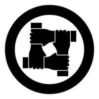 Four hands together concept teamwork united teamleading Arm interlocking with each other on wrist jointly collaboration icon in circle round black color vector illustration image solid outline style