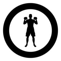 Man doing exercises with dumbbells Sport action male Workout silhouette front view icon black color illustration in circle round vector