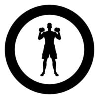 Man doing exercises with dumbbells Sport action male Workout silhouette front view icon black color illustration in circle round vector