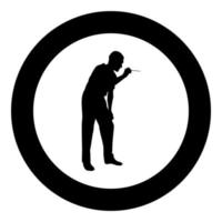 Doctor bent down holding spatula to examine throat Otolaryngologist examines throat tonsils icon black color vector in circle round illustration flat style image