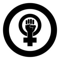 Symbol of feminism movement Gender women resist Fist hand in round and cross icon in circle round black color vector illustration flat style image