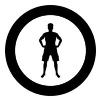 Man holding hands on belt confidence concept silhouette serious master of the situation front view icon black color illustration in circle round vector
