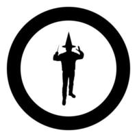 Wizard holds magic wand trick Waving Sorcery concept Magician Sorcerer Fantasy person Warlock man in robe with magical stick Witchcraft in hat mantle Mage conjure Mystery idea Enchantment silhouette vector