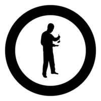 Man with saucepan scoop ladle Kitchen utensil Crack for soup in his hands preparing food Male cooking use sauciers silhouette in circle round black color vector illustration solid outline style image