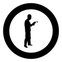 Man using water sprayed in up Male watering garden using hand sprinkler Holding arm special comb silhouette in circle round black color vector illustration solid outline style image