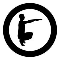 Crouching Man doing exercises crouches squat Sport action male Workout silhouette side view icon black color illustration in circle round vector