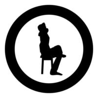 Man sitting pose with hands behinds head Young man sits on a chair with his leg thrown silhouette icon black color illustration in circle round vector