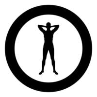 concepto relajarse deportista haciendo ejercicio el hombre tiene las manos detrás de la cabeza icono ilustración de color negro en círculo vector