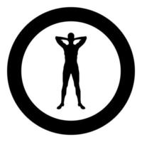 Concept relax Sportsman doing exercise Man holds hands behind head icon black color illustration in circle round vector