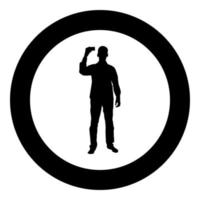 Man shows card in his hand Business card in hand businessman silhouette icon black color illustration in circle round vector