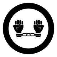 Handcuffed hands Chained human arms Prisoner concept Manacles on man Detention idea Fetters confine Shackles on person icon in circle round black color vector illustration flat style image