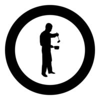 hombre con cacerola cucharón cucharón utensilio de cocina crack para sopa en sus manos preparando comida cocina masculina uso sauceros silueta en círculo redondo color negro vector ilustración contorno sólido estilo imagen