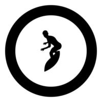 Surfer on surferboard icon black color in round circle vector