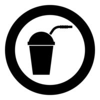 Closed container for hot cold drinks with straw icon black color in circle round vector