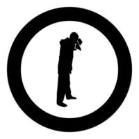 Man is blow one's nose into handkerchief tissue paper Cough Rhinitis Allergies concept Sneezing Runny nose Snot highlighted Male smoky blowing orcue Hay fever silhouette in circle round black color vector