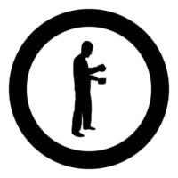 Man with saucepan in his hands preparing food Male cooking use sauciers with open lid silhouette in circle round black color vector illustration solid outline style image