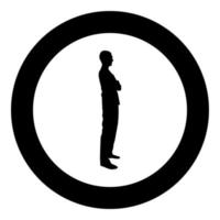 Man standing with hands crossed Dentist surgeon in medical clothes with folded hands on his chest Concept of the end of surgery operation Side view icon black color vector in circle round