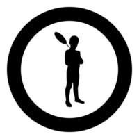 Boy holds badminton racket Cute young child holding standing toy shuttlecock Happy concept Teenage action Summer sport activity Camp concept Kid will play Having fun silhouette in circle round black vector