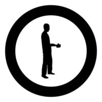 Man with saucepan in his hands preparing food Male cooking use sauciers silhouette in circle round black color vector illustration solid outline style image