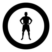 Serious man holding hands on belt confidence concept silhouette manager business icon black color vector in circle round illustration flat style image