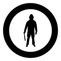 Man with sword machete Cold weapons in hand military man Soldier Serviceman in positions Hunter with knife Fight poses Strong defender Warrior concept Weaponry Stand silhouette in circle round black vector