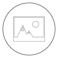 Picture of mountains and Sun icon. the black color icon in circle or round vector