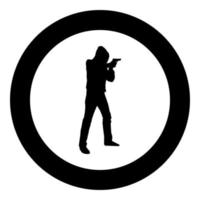 Man in the hood with gun Concept danger short arm icon black color illustration in circle round vector