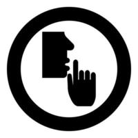Keep silence concept Man shows index finger quietly Person closed his mouth Shut his lip Shh gesture Stop talk please theme Mute icon in circle round black color vector illustration flat style image