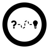 Concept of finding solution to the issue Question and path to the light bulb Searching for Innovation icon in circle round black color vector illustration solid outline style image