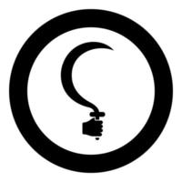 Sickle in hand in use Arm holding Crescent agriculture tool harvest concept icon in circle round black color vector illustration solid outline style image