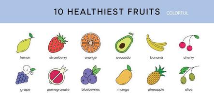 10 piece healthiest fruits icon set. Healthiest fruits diet snack foods vector line icons set. Isolated on a white background. Modern editable color icon set. Your web mobile application logo design.