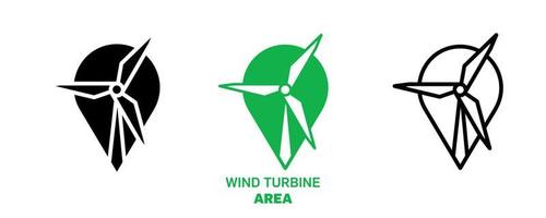 Wind turbine location icon design logo. Silhouette, colorful and linear wind turbine icon set. Creative location icon for your web mobile application logo design. Line vector illustration.