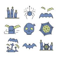 Set suitable for the concept of Halloween. Bat, candle, skull cemetery, spider and more icon set. Colorful linear icon set. vector