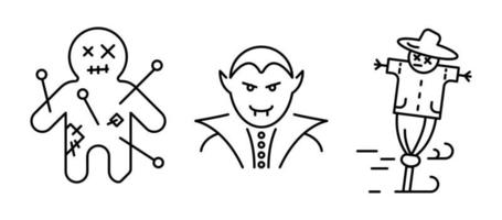 Vampire, dracula, cursed doll and scarecrow icon set. Set for Halloween concept. Linear icons set. vector