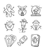 Playing card with rag doll, vampire in coffin, cut finger, magic orb, owl and witch's cauldron icons. Set for Halloween concept. Linear icons set. vector