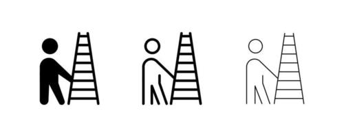 Icon set of man holding ladder in hand. The staircase line goes up. Flattenable line and silhouette design. logo, web design. vector