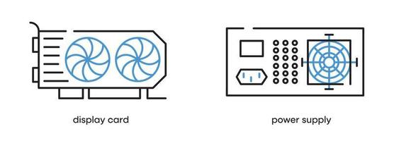 Video card and power supply icon set. This icon is a set of symbols for computer parts. Colorful computer board icon. Editable Stroke. Logo, web and app. vector