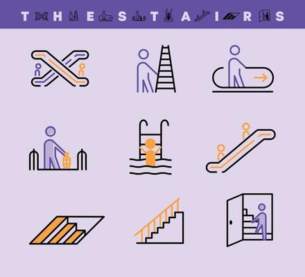 Ladder icon set. Escalator, downstairs and escalator stairs icon set. Colorized modern icon set. Editable line and silhouette design. Logo, web design.