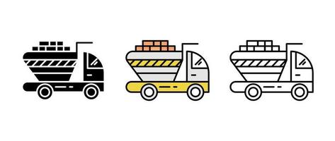 Truck transport and brick construction icon set. Engineering icon. Art vector illustration set. Editable row set. Silhouette, colored and linear icon set.