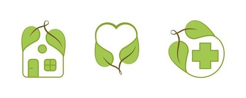 Creative healthcare icon set. Contains Symbols such as modern leaf, water drop, heart and house. Vegan, healthy lifestyle logo design. Editable Stroke. Icon set in green color. vector