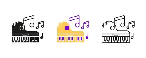 Piano and musical notes icon set. Entertainment and music icon. Art vector illustration set. Editable row set. Silhouette, colored, linear icon set.