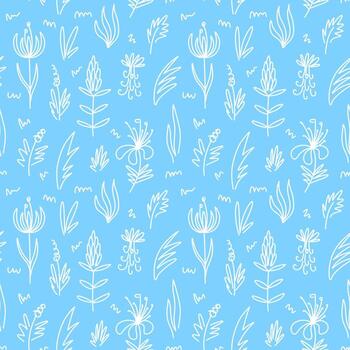 Seamless pattern with exotic different flowers and leaves in a linear style vector