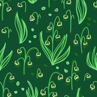 Pattern with field lilies of the valley on a dark green background vector